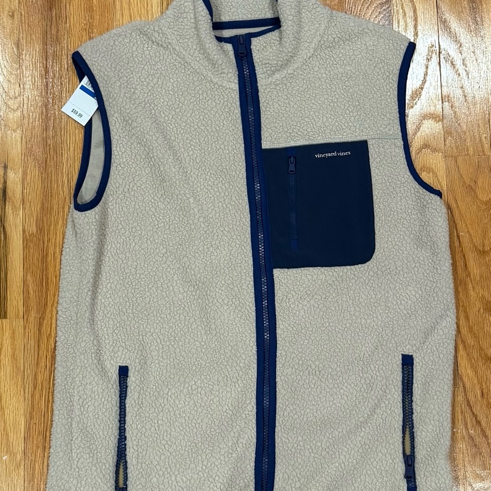 Vineyard Vines Tan Fleece Vest with Dark Blue Details